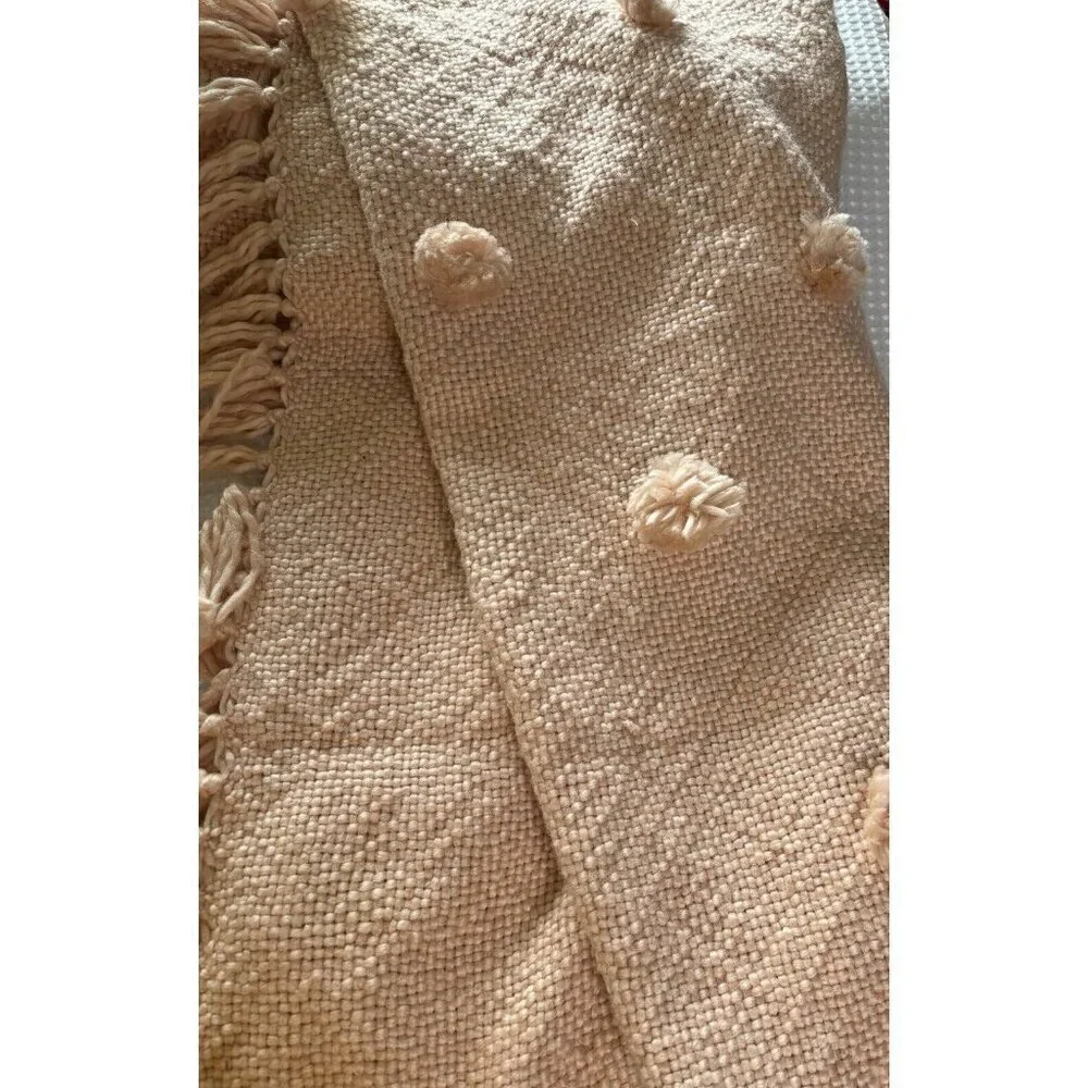 Pier 1 Imports Throw Blanket Dusty Rose Pink Pom‎ Pom Fringe